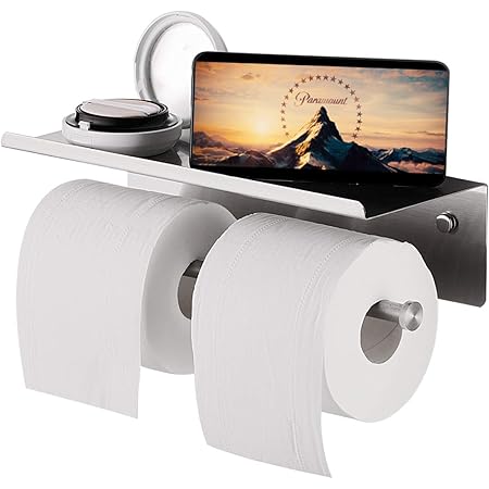 Double Toilet Paper Holder With Phone Shelf - Stainless Steel Wall Mounted Dispenser