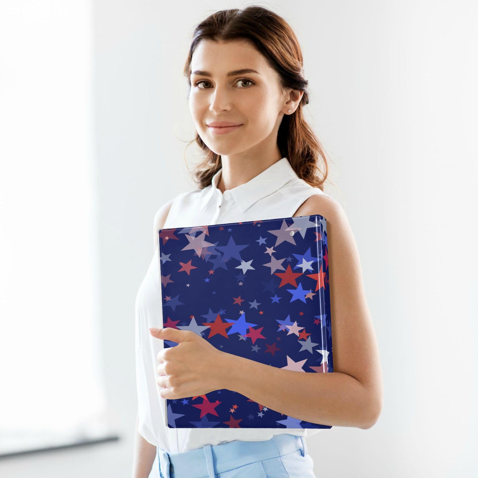 SKYSHU Patriotic Star - Raccoglitori a 3 anelli rotondi con 3 tasche interne in PVC trasparente, impermeabili, robusti, con clip in metallo antiscivolo, raccoglitori versatili per 200 fogli,