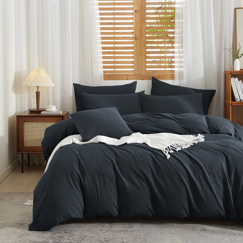 Gezu Housse de Couette Coton Lin 220x240 Gris Parure de Lit 100% Lin Coton