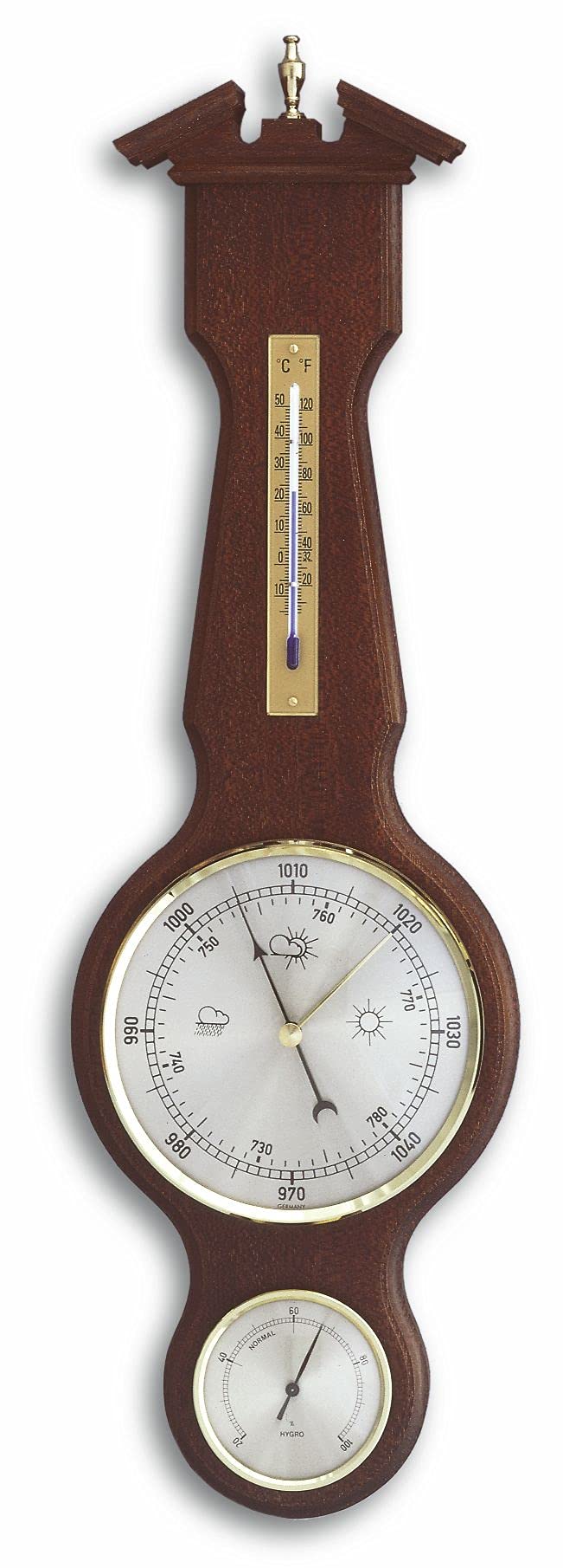TFA Dostmann Analog Station Massivholz 20.1047.03 Made in Germany für präzise Wettervorhersage, inkl. Barometer, Thermometer und Hygrometer, Nussbaum, (L) 160 x (B) 48 x (H) 525 mm