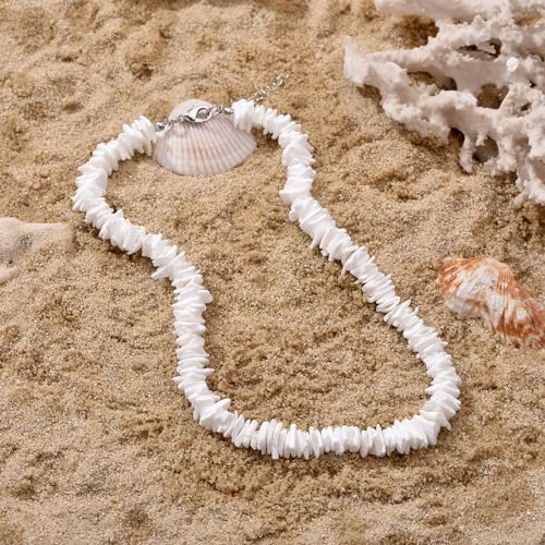 ATIMIGO White Puka Shell Hawaiian Cowrie Shell Pearl Beach Choker Handmade Adjustable Summer Clavicle Necklace - Surfer Jewelry for Women & Men2