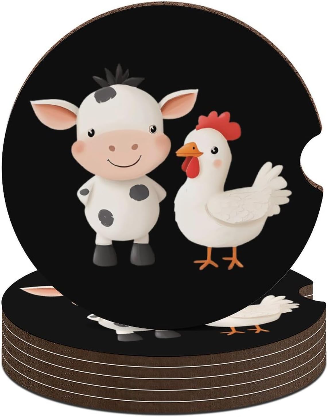 Cute Cow and Chicken Cute Car Coasters 2.56 Inch Absorbent Cup Holder for Drinks Auto Interior Accessories