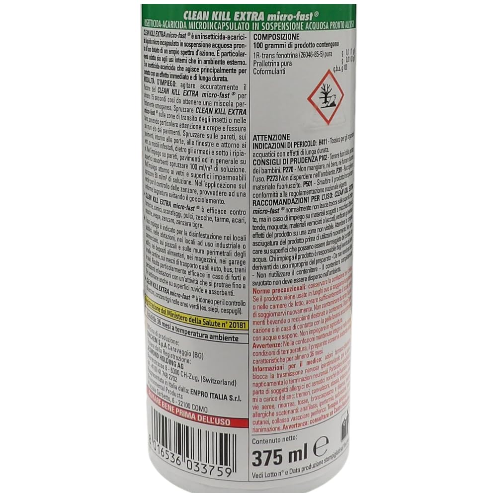 CLEAN KILL Insetticida Ecologico Biokill Spray Extra Micro Fast No Gas a Base Acquosa, Ideale per Blatte, Cimici, Tarli, Zanzare, e Altri Insetti, Uso Interno ed Esterno, Flacone da 375ml (4 Unità)