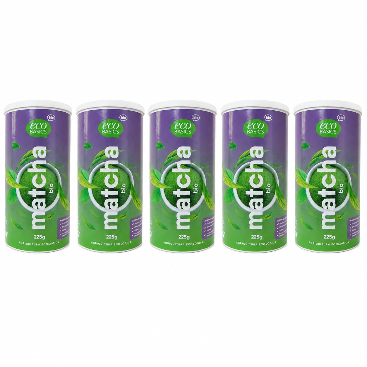 Pack 5x Té Matcha en Polvo Eco Basic Bio 225 g, Matcha Ecológico para Bebidas, Matcha Latte, Batidos, Repostería y Recetas Caseras, Total 1,125 kg