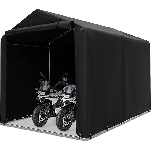 Goplus Portable Shed, 7 x 5.2 x 5.4Ft Storage Tent Shelter w/Roll-Up Zipper Door, Steel Frame, Waterproof Cover, Wind Rope & Ground Stake, Outdoor Storage Shed for Outside Motorcycles Garden Tools