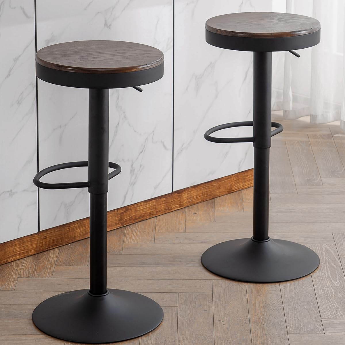 Kidol & Shellder Backless Counter Stools Set of 2 Swivel Adjustable Height BarStools Round Walnut Wooden Seat Modern Armless Bar Chairs for Kitchen