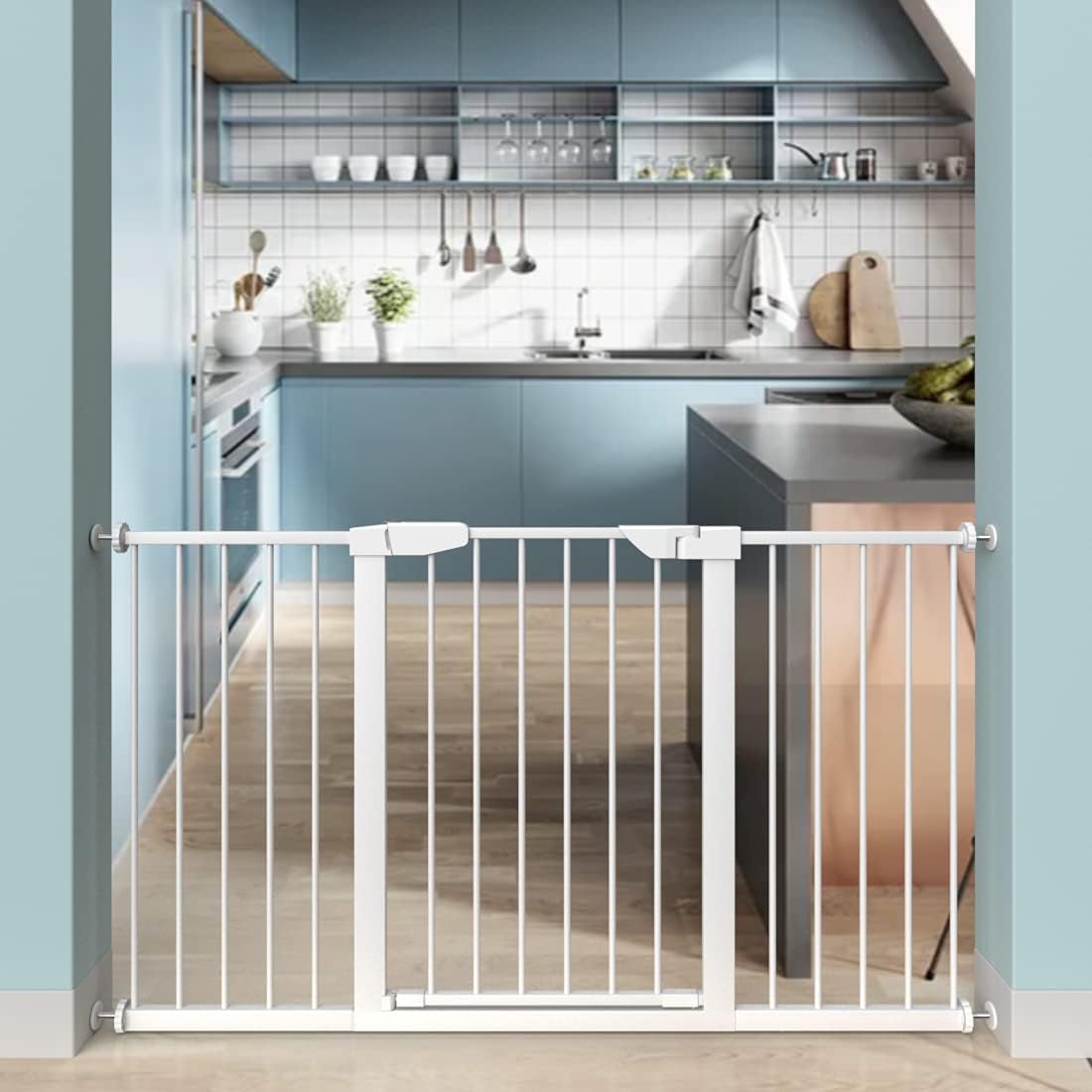 ALLAIBB Walk Through Baby Gate Auto Close Tension White Metal Child Pet Safety Gates with Pressure Mount for Stairs,Doorways and Kitchen (White, 57.09"-59.84")