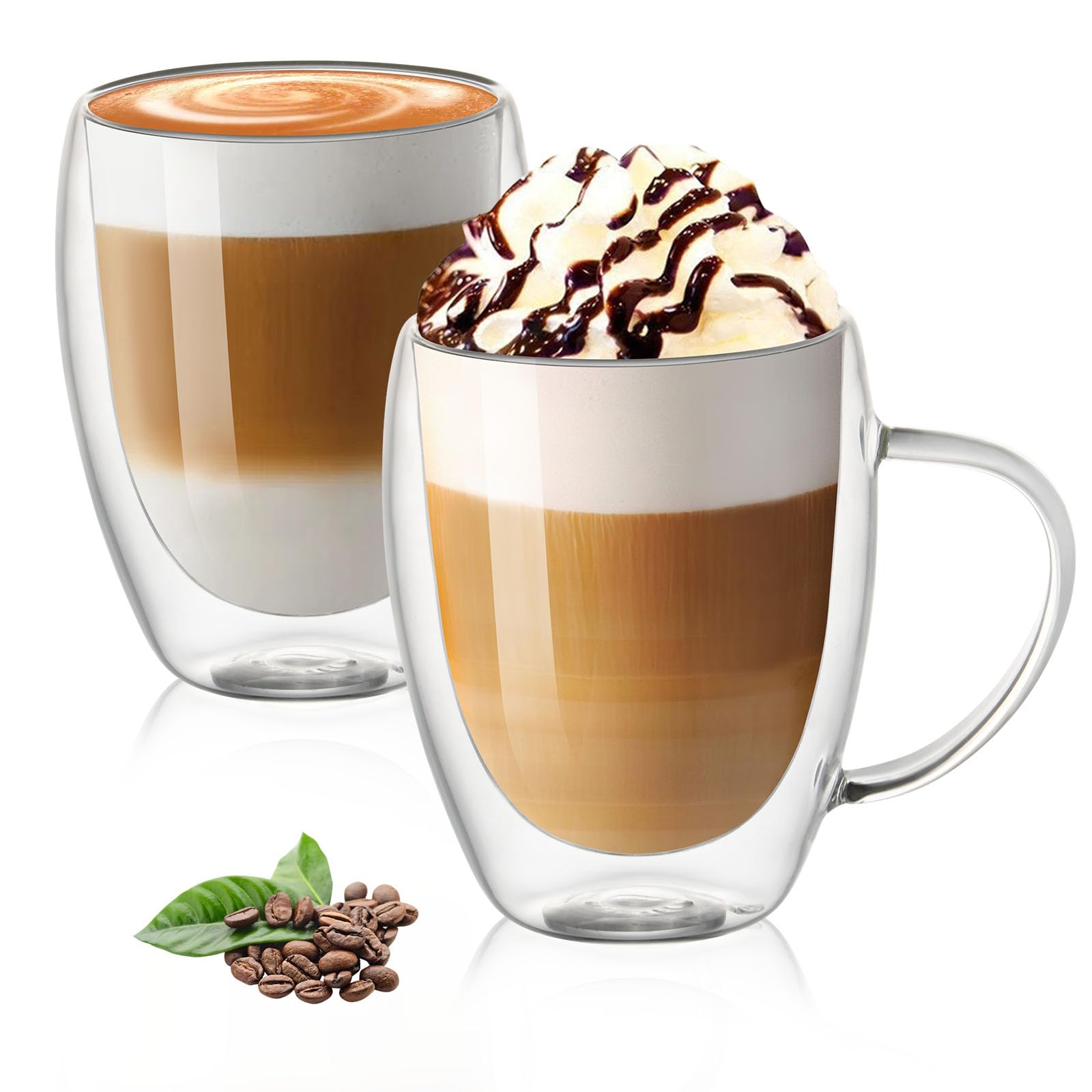 Vicloon Tazza Caffè Doppio Vetro Borosilicato, 2 Bicchieri Espresso Doppia Parete 350 ml, Tazzine di Vetro a Doppia Parete con Manico, Bicchiere Caffè Vetro per Tè, Latte, Cappuccino, Espresso, Succo