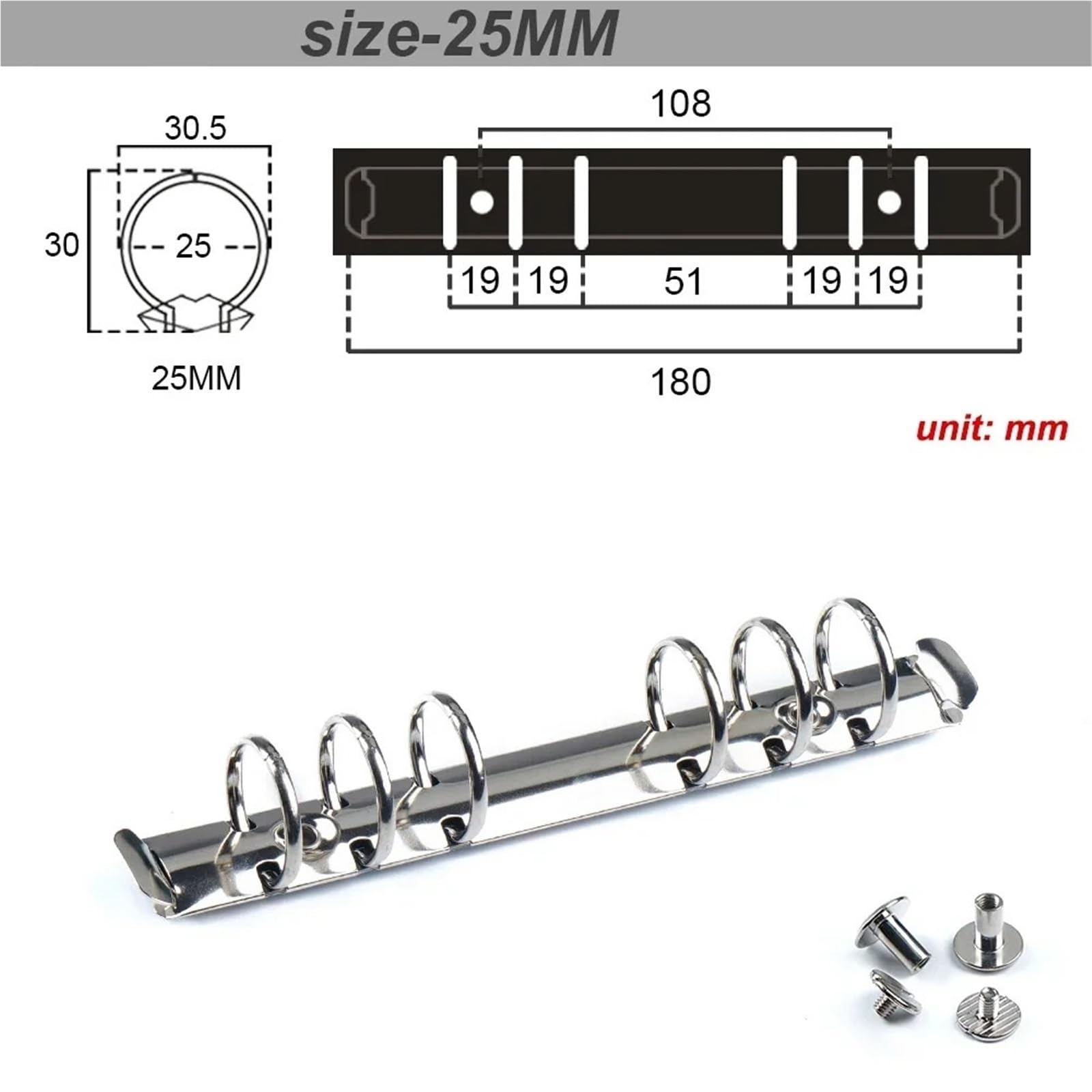 Clip foglie sciolte in metallo multicolore, Raccoglitore ad anelli A5 Meccanismo 4 a spirale metallica Vite Multi 19-30mm DiaryPlanner FileFolder(Silver 25mm)