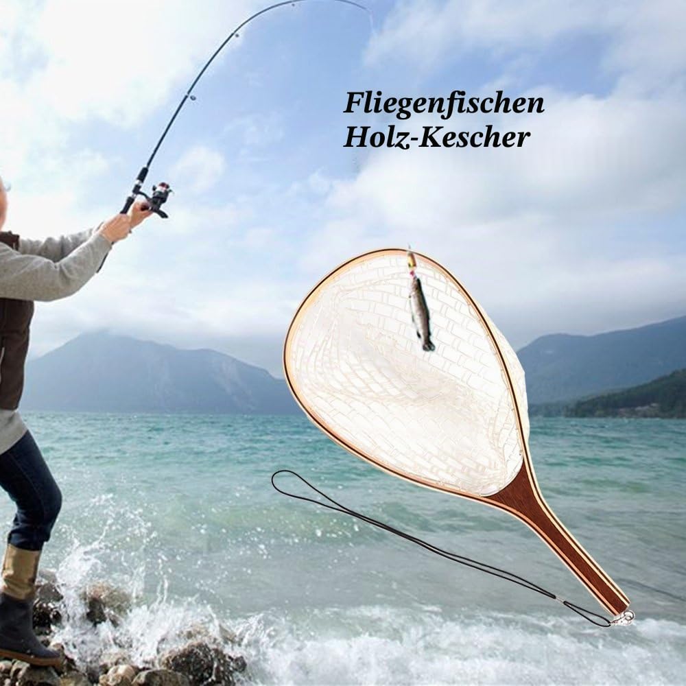 Lixada Fliegenfischen Kescher Holzgriff Rahmen Fang- und Entriegelungsnetz Tragbares leichtes Gummifischernetz, Länge: 60 cm