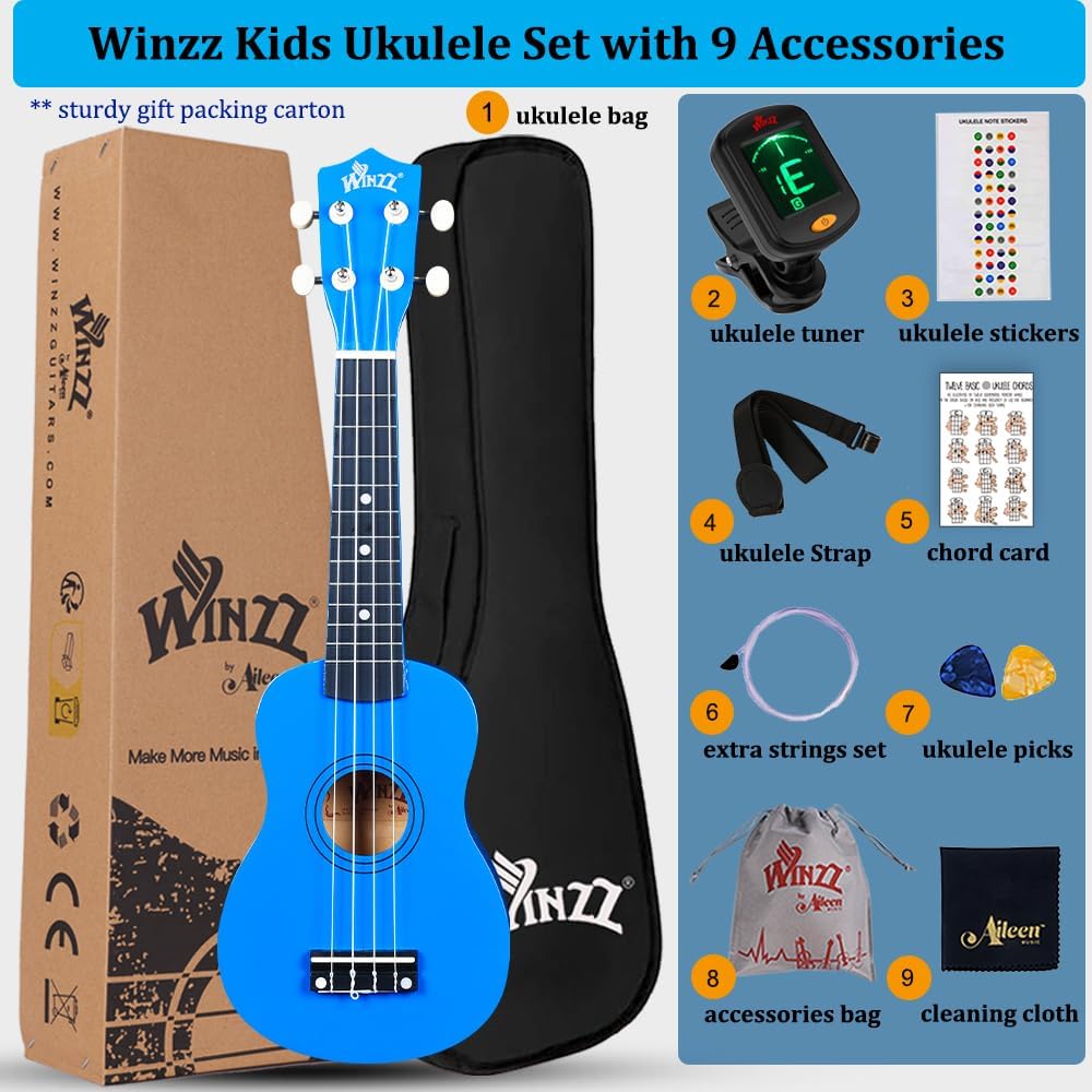Winzz Soprano Ukulele Starter Kit For Beginners with Bag, Clip-On Tuner, Extra Strings, Strap, Plectrum, Fret Stickers, Chords Card, Polishing Cloth, Dark Blue