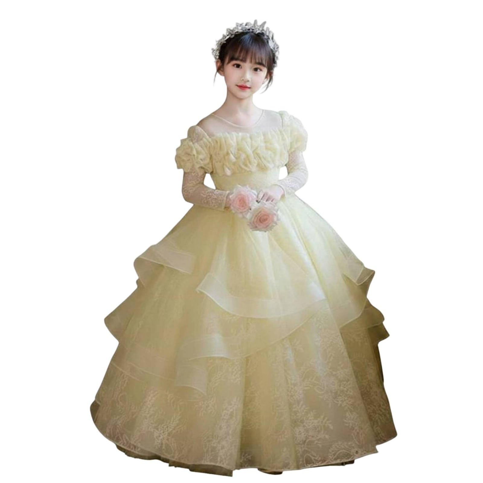 Vestido para Fiesta de Niña Vestido Princesa Vestido Vestido Niña Vestido con Tul Abundante Encaje y Flores en Relieve Mezcla de Poliéster con Forro, 150CM