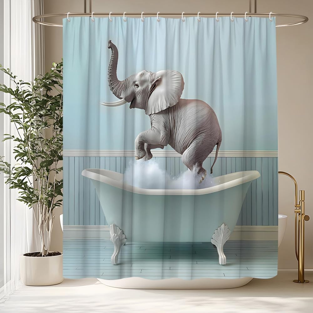 Funny Elephant Shower Curtain The Cute Elephant is Sitting in The Bathtub and Taking a Bath Farmhouse Animals Wildlife Vintage Gray Background Decorative Curtain Polyester Fabric