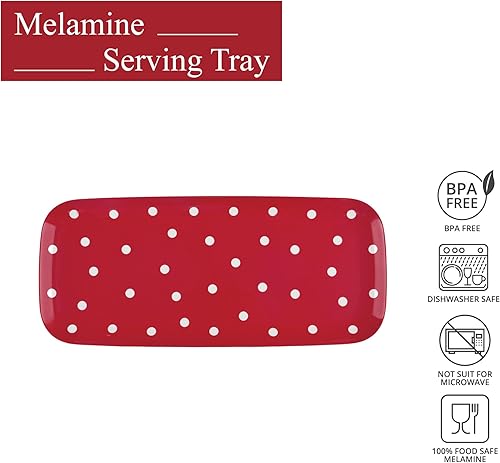 Miniatura 3 de UP ware Bandeja rectangular de melamina de 15 pulgadas, bandeja de alimentos sin BPA (lunares rojos)