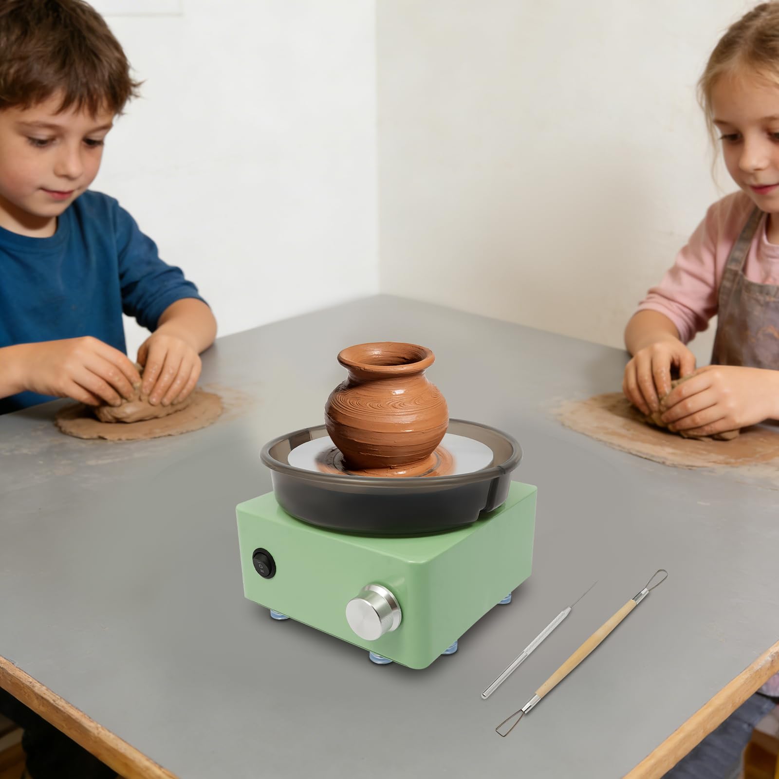 Mini-Töpferscheiben-Set, 30W Elektrisch Töpferei DIY Maschine für Anfänger, 0-140 U/min Geschwindigkeitsregelung, 15cm Drehscheibe, mit 8 Skulpturenwerkzeugen, 2 Ton-Blöcken, 12 Farben