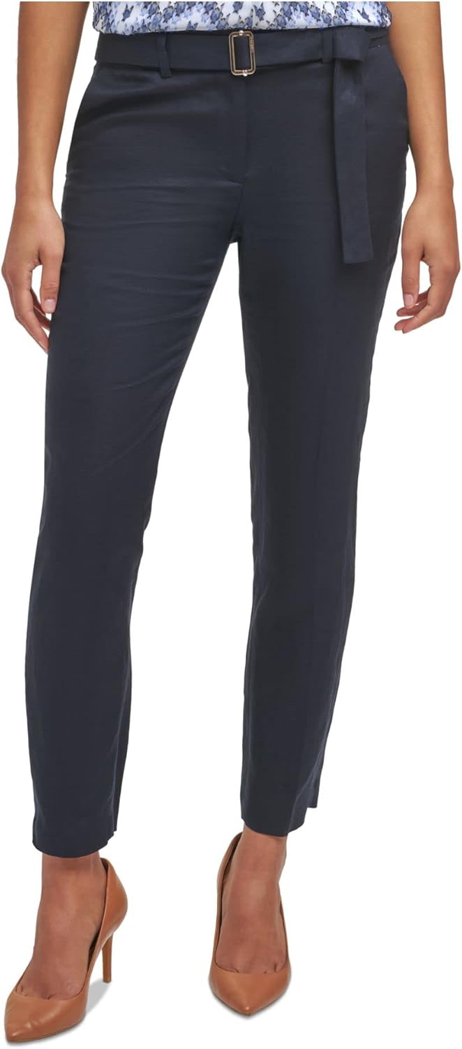 Calvin Klein Womens Navy Zippered Pocketed Belted Mid Rise Wear to Work Pants Petites 14P