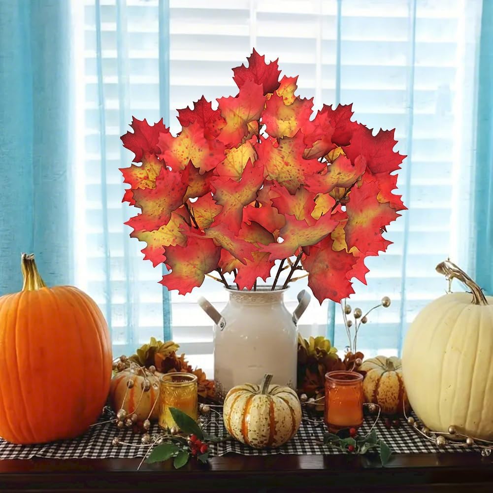 5 Pcs Artificial Fall Maple Leaves Stems 19.6” Fake Autumn Foliage Branches for Home Kitchen Farmhouse Vase Thanksgiving Table Centerpieces Party Halloween Decor Red and Orange - Image 5