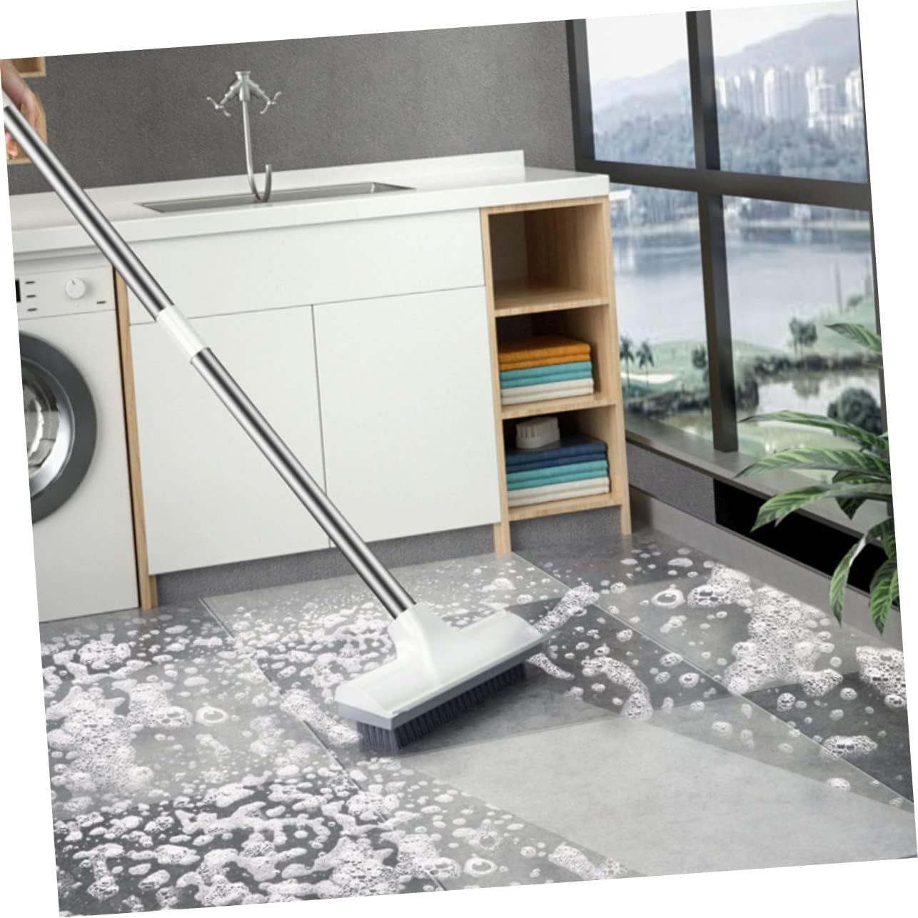 Dual-use Floor Shower Scrub Brush Long Handle Bathroom Cleaner for Tiles Grout Carpet