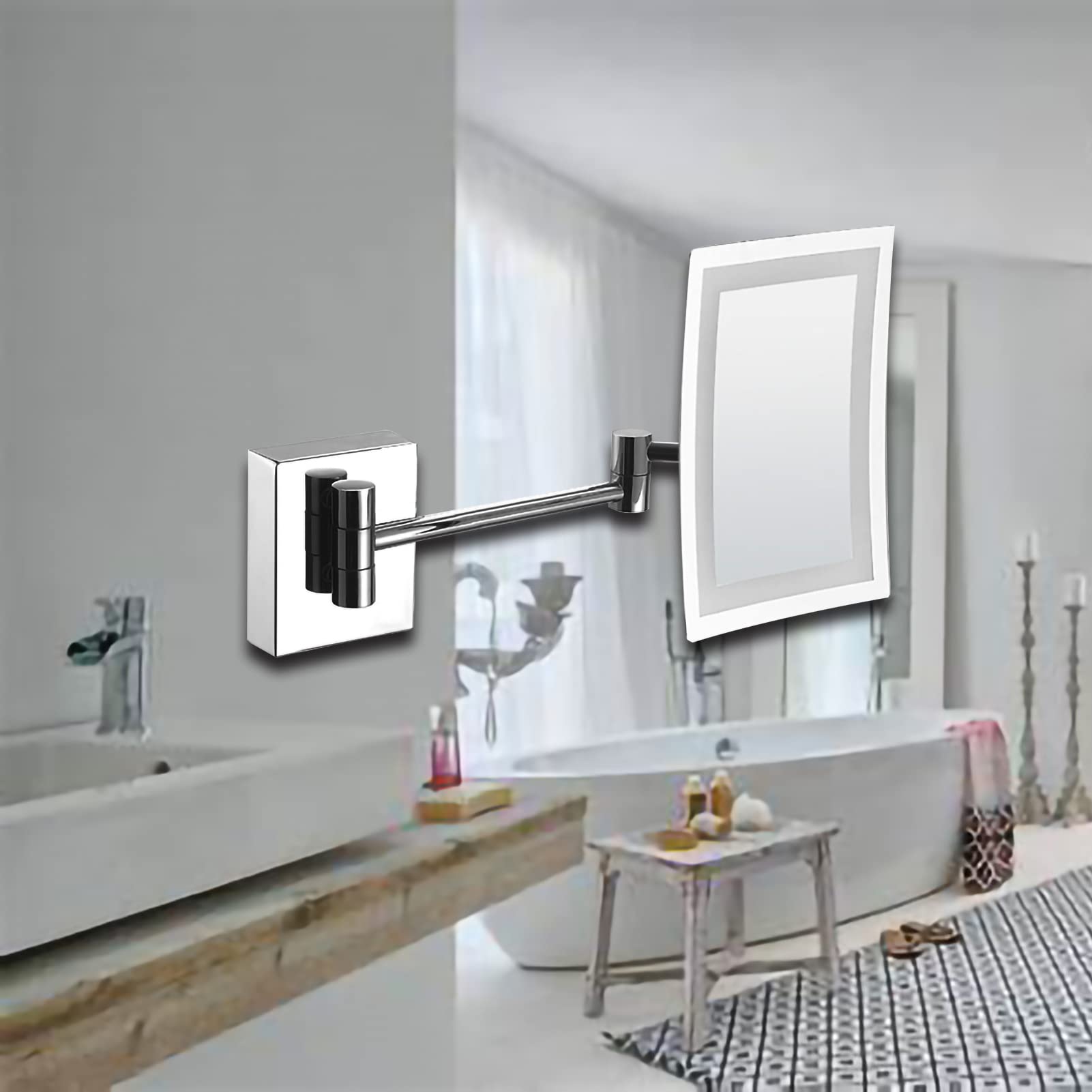 Miroir de Courtoisie Carré Extensible Mural, Pliant Miroirs de Maquillage avec Bras Extensible, Miroir de Rasage de Salle de Bain avec LED et Grossissement 3x (Rectangular Bottom Silver Plug)