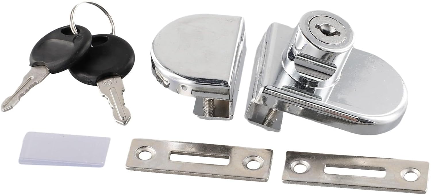 Punch Glass Door Lock, Zinc Alloy Double Door Display Cabinet Latch with Keys, No Drill Showcase Hardware for 5mm 6mm 7mm 8mm Thick Glass, Silver Finish
