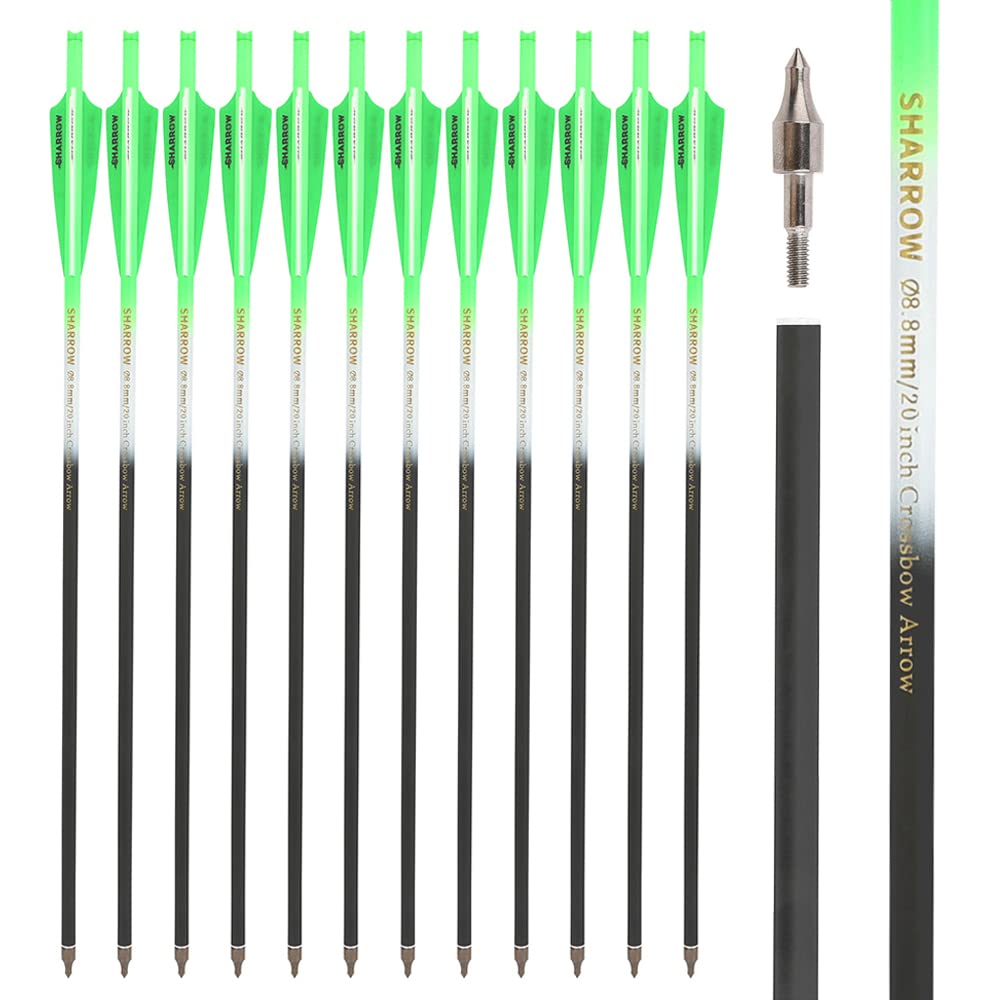 SHARROW Archery Carbon Crossbow Bolts Arrows 16 17 18 20 22 Inch Carbon Arrows with 4" Vanes 125 Grains Replaceable Field Point for Crossbow Hunting Shooting (Fluorescent Green, 17")