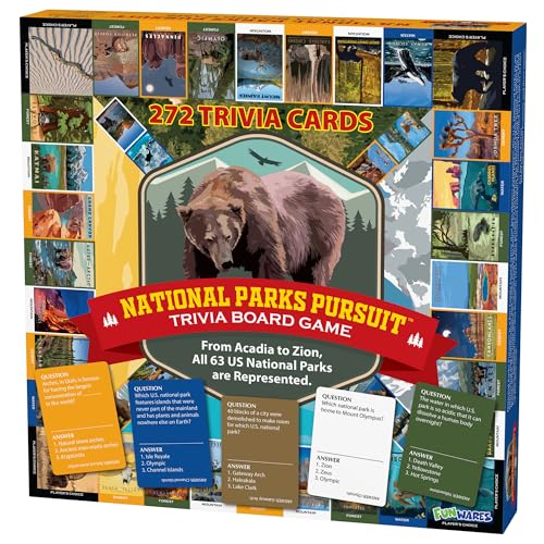 National Parks Pursuit - Family Trivia Board Game. Kids, Teens, Adults. Educational. All 63 National Parks. Yellowstone, Yosemite, Grand Canyon, Great Smokey Mountains, Zion. Scout Game. Ages 8-99.