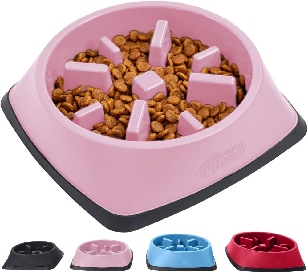 Gorilla Grip 100% BPA Free Slow Feeder Cat and Dog Bowl, Slows Down Pets Eating, Prevents Overeating, Puppy Training, Large, Small Breeds, Fun Puzzle Design, Wet Dry Food, Cats, Dogs 2 Cups, Pink