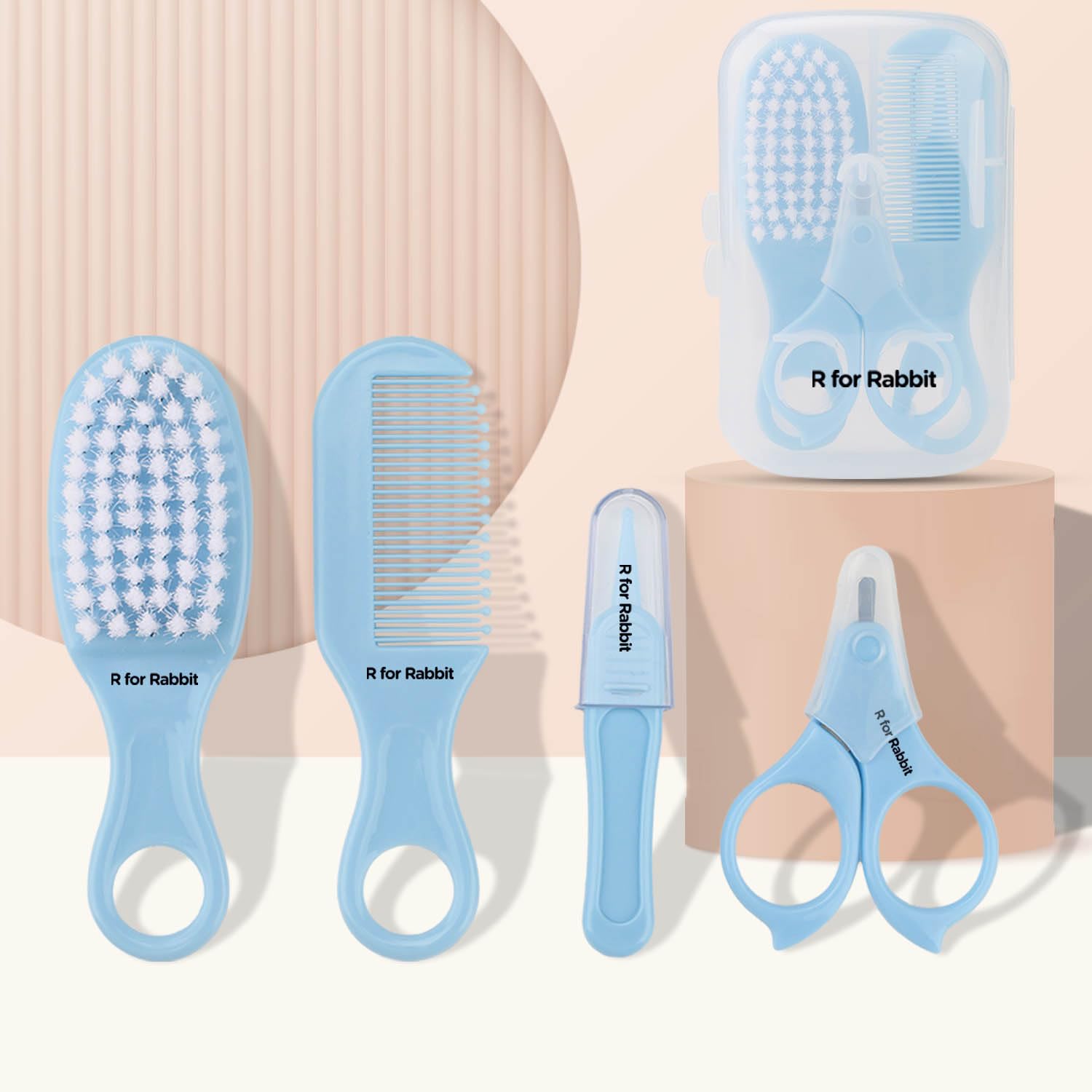 R for Rabbit Stylo Totcare Set Baby Grooming Kit for New Born Baby 4-in-1 Kids Set Hairbrush, Comb, Scissors & Tweezers Travel-Friendly Age 0+ Months (Sky Blue)