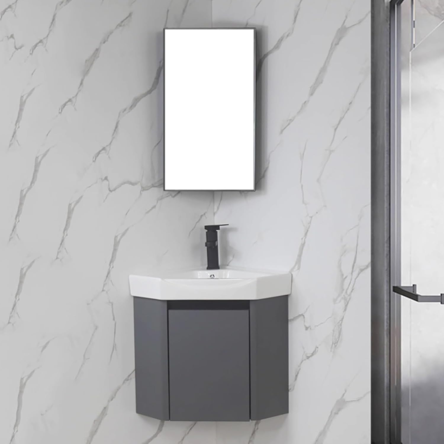 Bathroom Vanity with Mirror Cabinet & Ceramic Sink Set, Hanging Narrow Cabinet Organizer W/hand washing station, Wall Mounted Vanities with Faucet for Bathroom, Kitchen, Living Room(Gray,47CM/18.5IN)