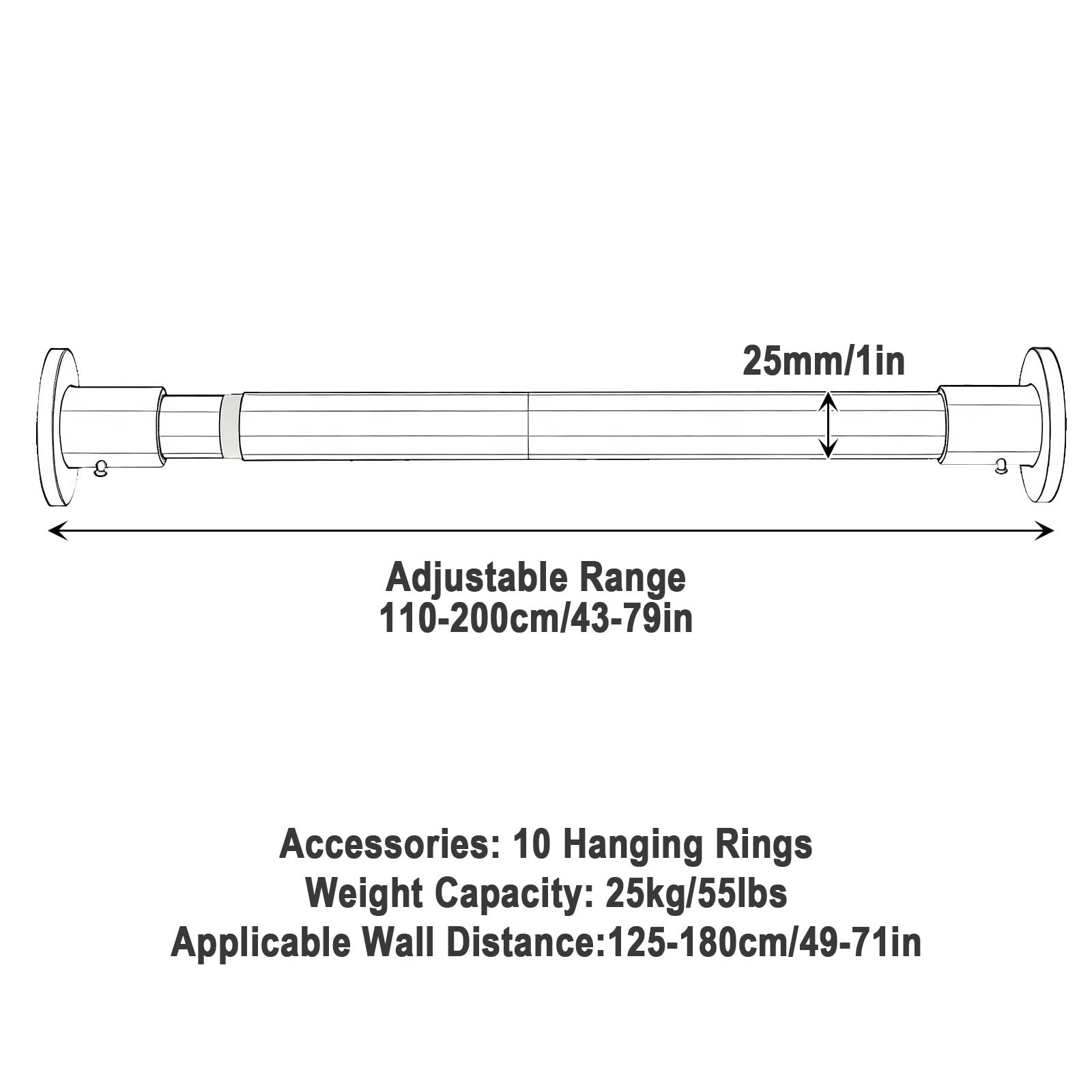 Tringle Rideau Extensible, Barre de Rideau, Acier Carbone de 25mm Diamètre