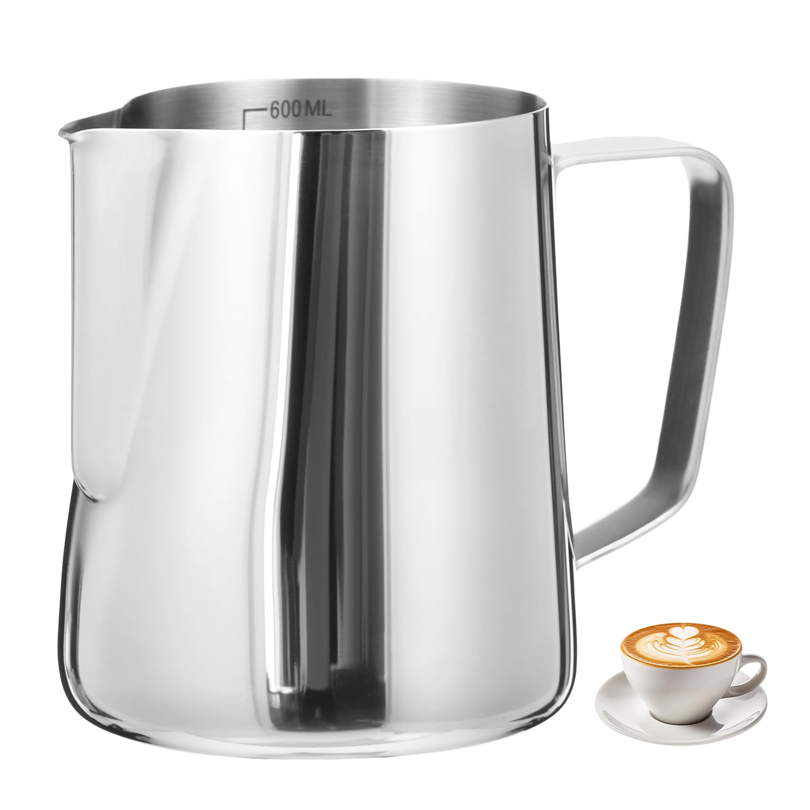 Milk Frothing Pitcher,20oz/600ml Stainless Steel Milk Jug Handheld Coffee Frothing Pitcher Barista Jug Cup with Measurement Mark for Making Cappuccino Latte Coffee Art(Silver,600ml)