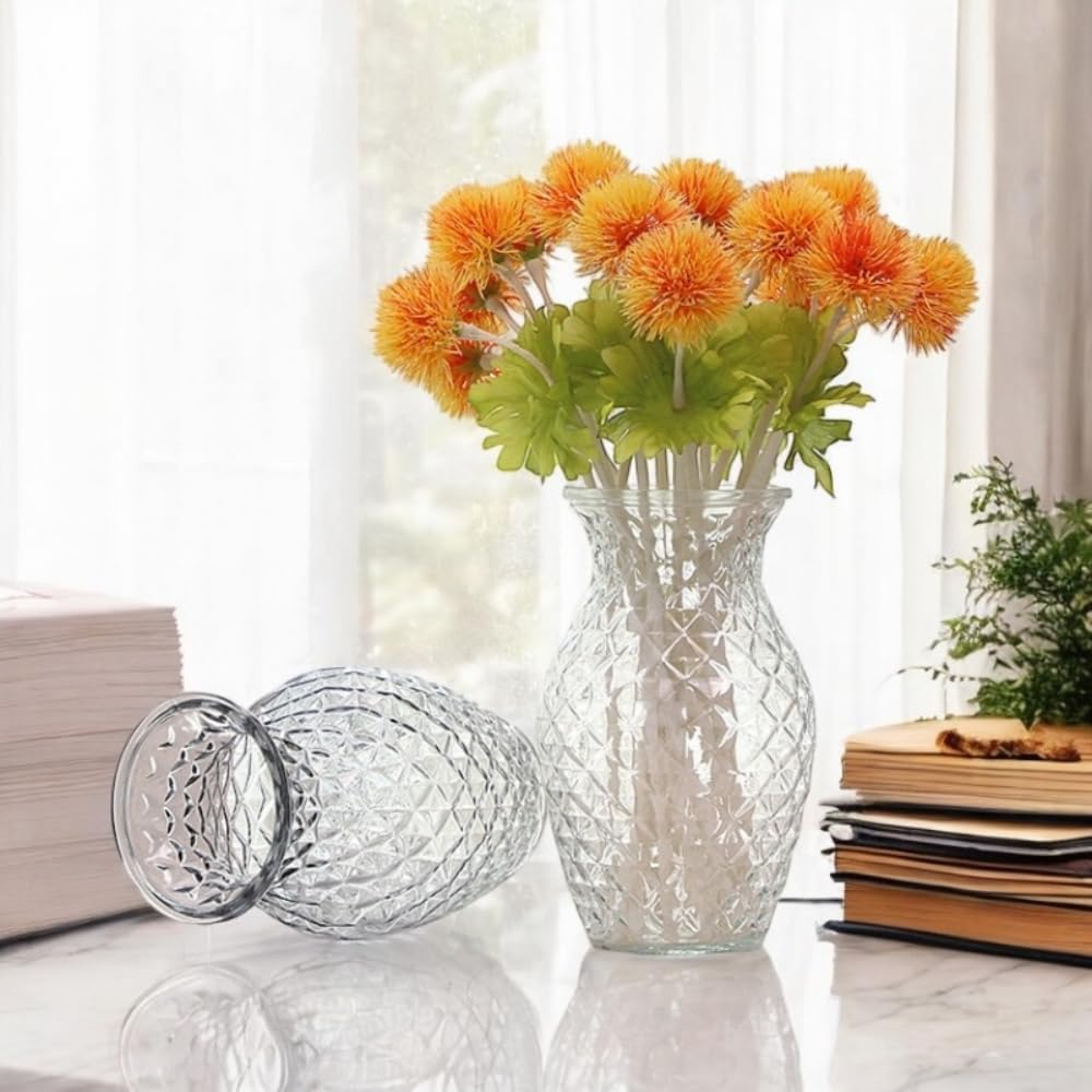 Enova Floral Clear Diamond-Faceted Glass Vase for Flowers 5.0" W 8.0" H,Glass Flower Vase, Flower Vase for Bouquet, Modern Glass Vase for Living Room (4, Clear-VUV0508)