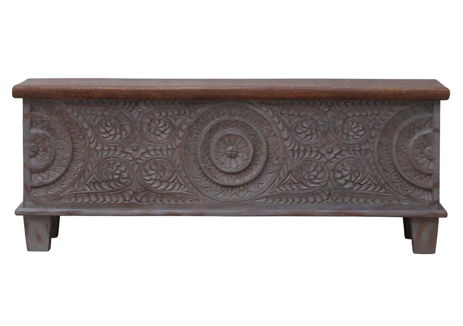 Wooden Carved Storage Trunk, Wooden Carved Trunk, Coffee Table for Livingroom, Center Table with Storage, Blanket Box for Bedroom, Decorative Box, Storage Chest, Grey Distressed Finish.-image-48