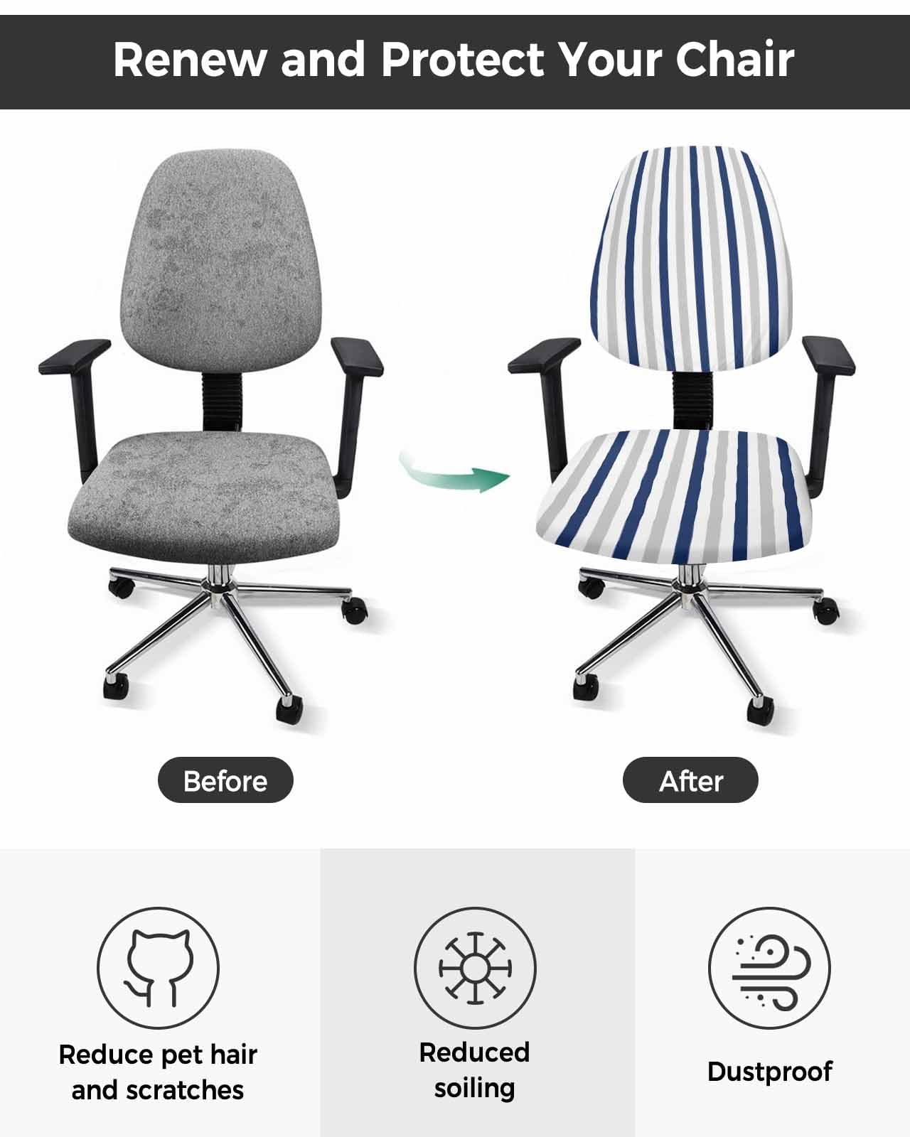 Navy Blue Gray White 2 Pieces Computer Office Chair Covers Set,Stretchable Desk Rotating Chair Seat Cushion Slipcover Back Covers,Modern Simple Vertical Striped Slipcover Back Cover,Protectors Cover