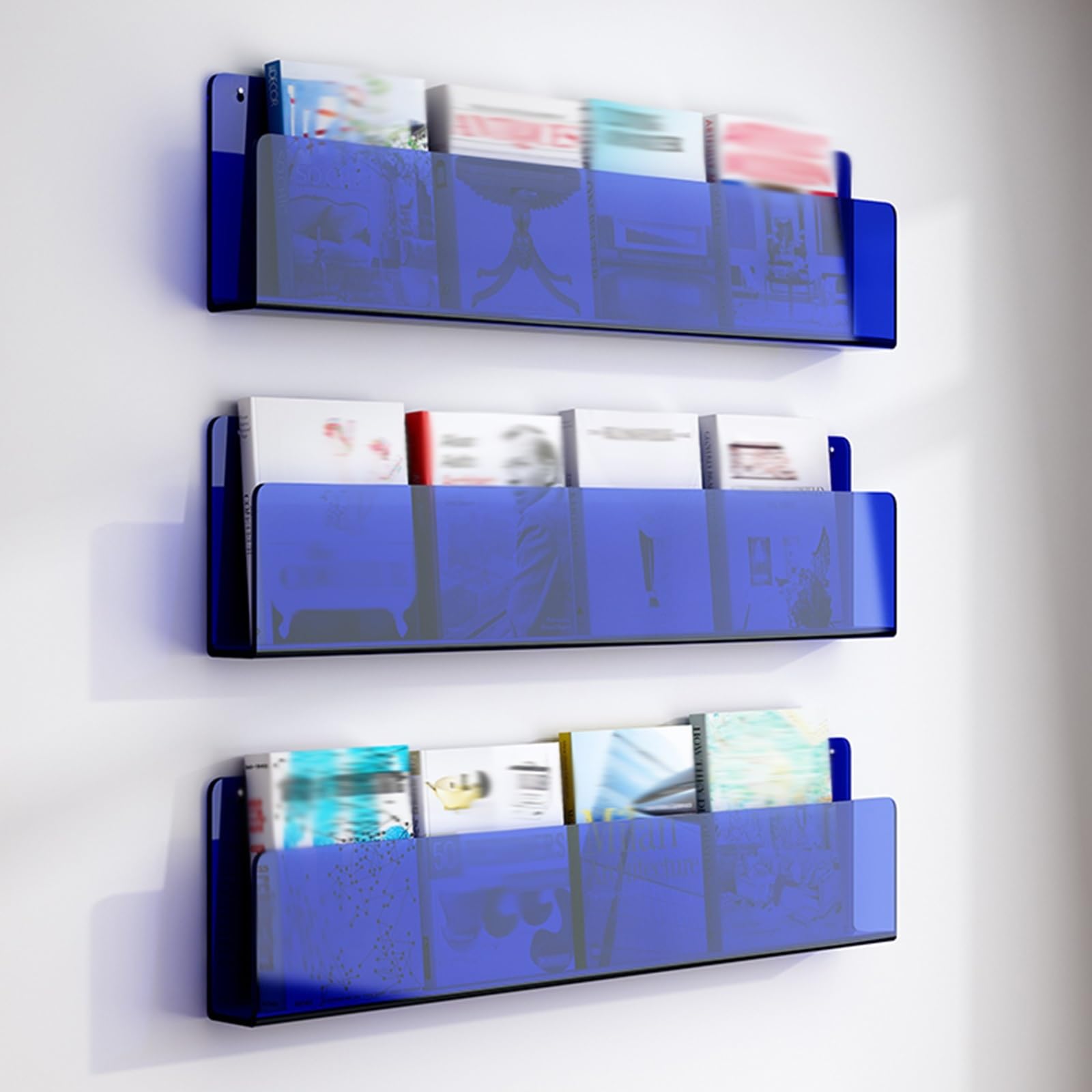 SAeWare 3 portariviste da parete in acrilico, da appendere, salvaspazio, per brochure, libreria, per camera da letto, stanza dei giochi, cameretta dei bambini, blu, 80 cm