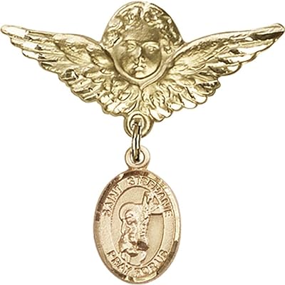 Gold Filled Baby Badge with St. Stephanie Charm and Angel w/Wings Badge Pin 1 1/8 X 1 1/8 inches