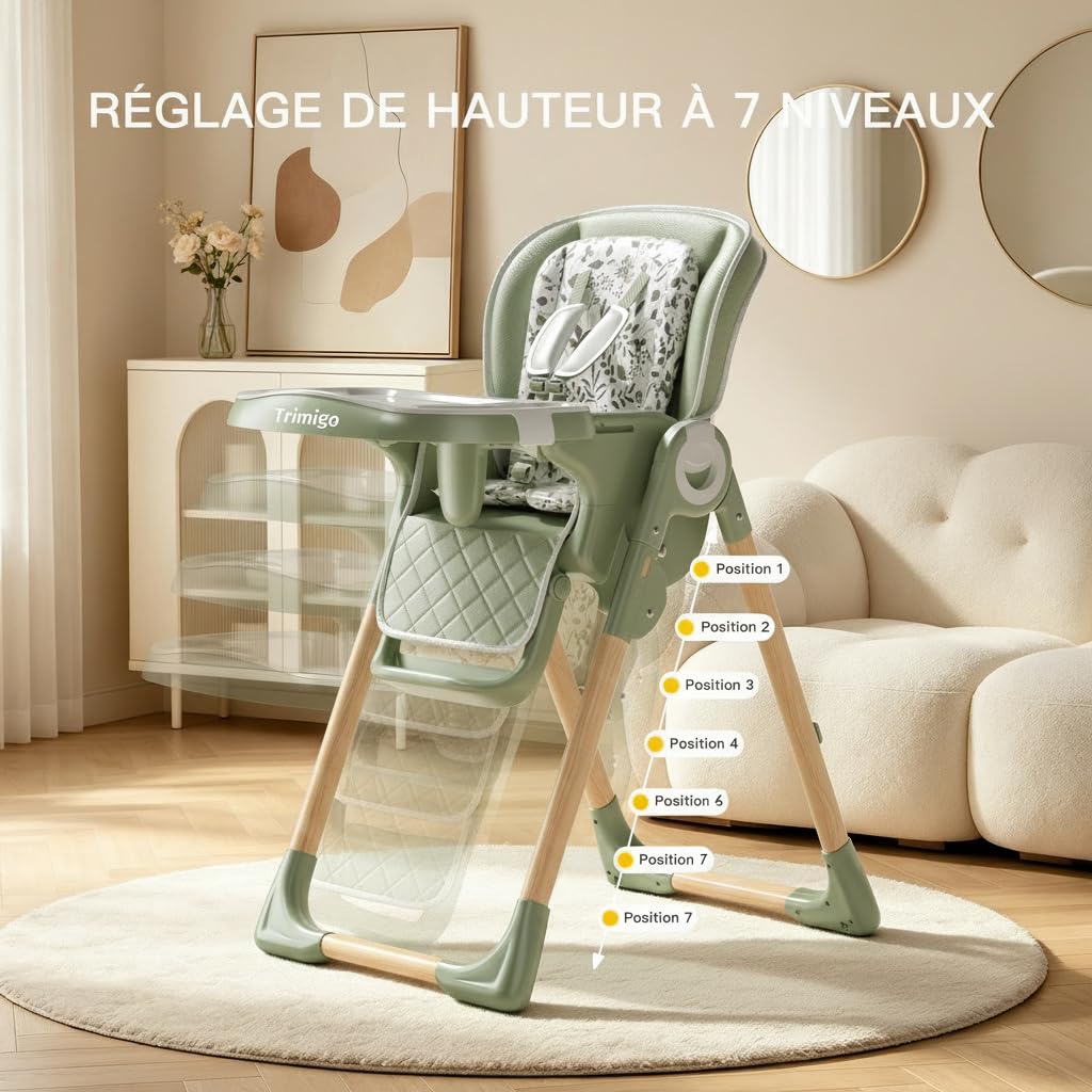 Chaise Haute Bébé Évolutive 0-3 Ans, Pliable, 7 Positions Hauteur, 3 Réglages Plateau, Dossier Inclinable 4 Positions, Plateau double couche amovible, Assise en Similicuir (Vert sauge)