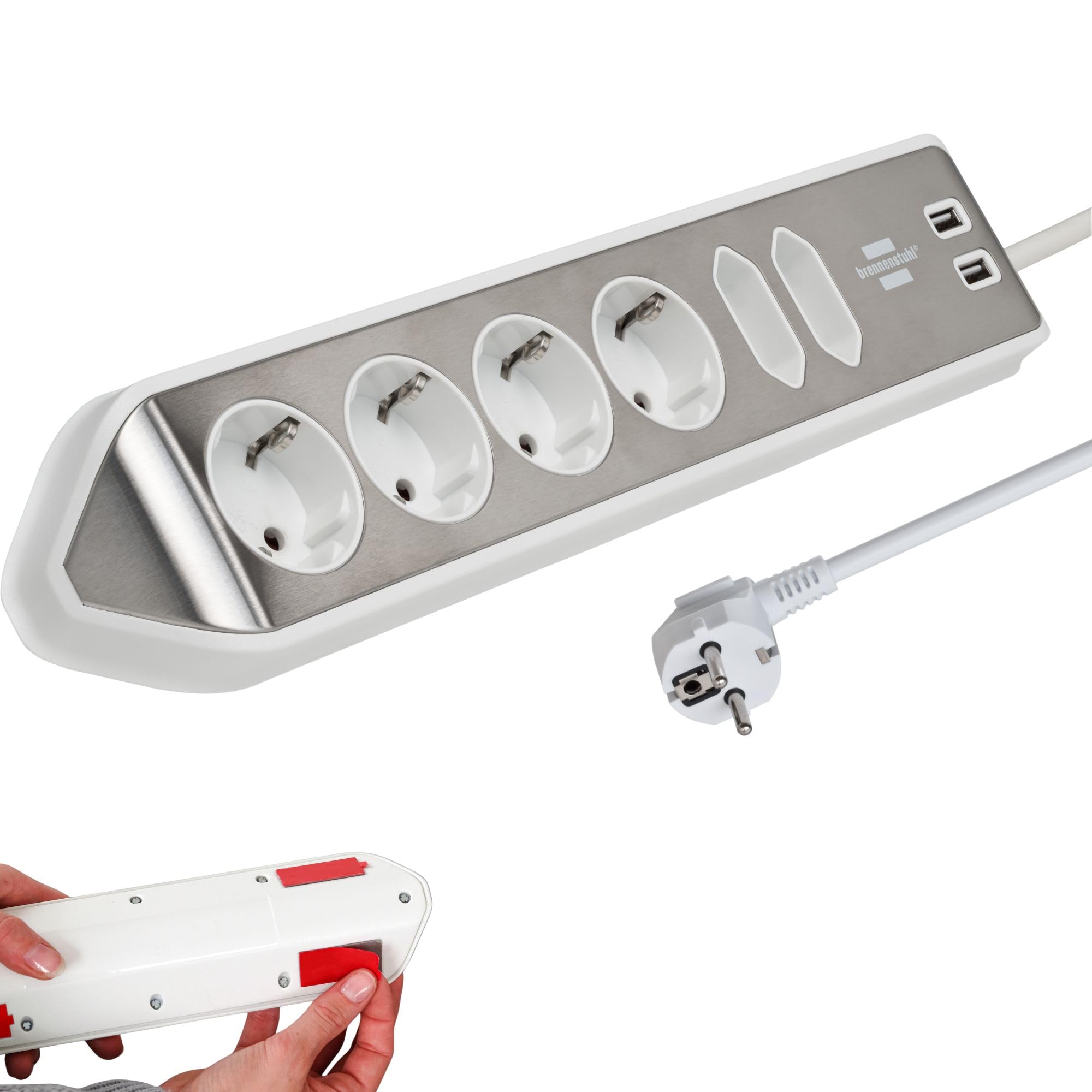 Brennenstuhl regleta de enchufes en Forma Esquina con 6 Tomas de Corriente y USB (4X Tomas de Corriente, 2X Euro, 2X Carga USB, Superficie de Acero Inoxidable) Plateado/Blanco