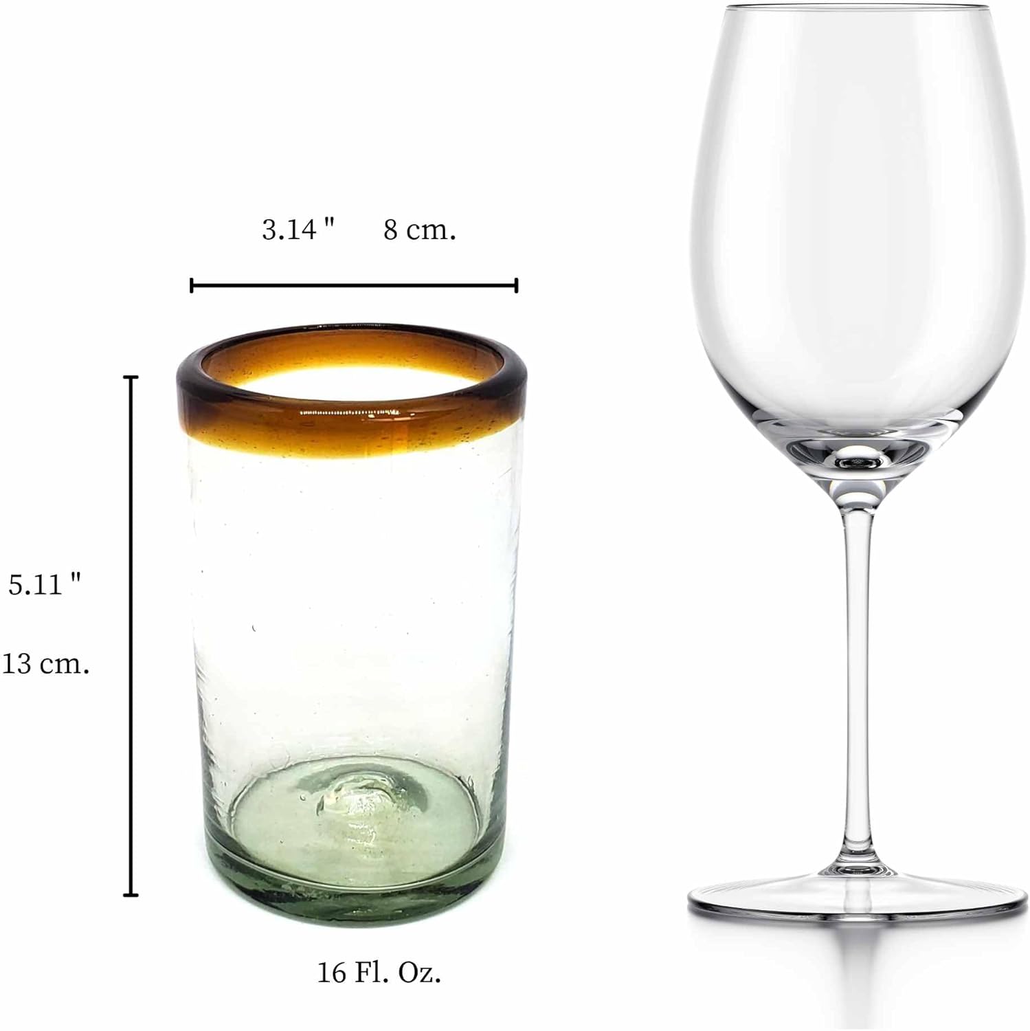 MAREY Hand Blown Mexican Drinking Glasses Artisan Crafted from Mexico Set of 6 pieces (Amber Rim, Water 16 Oz.) - Image 4