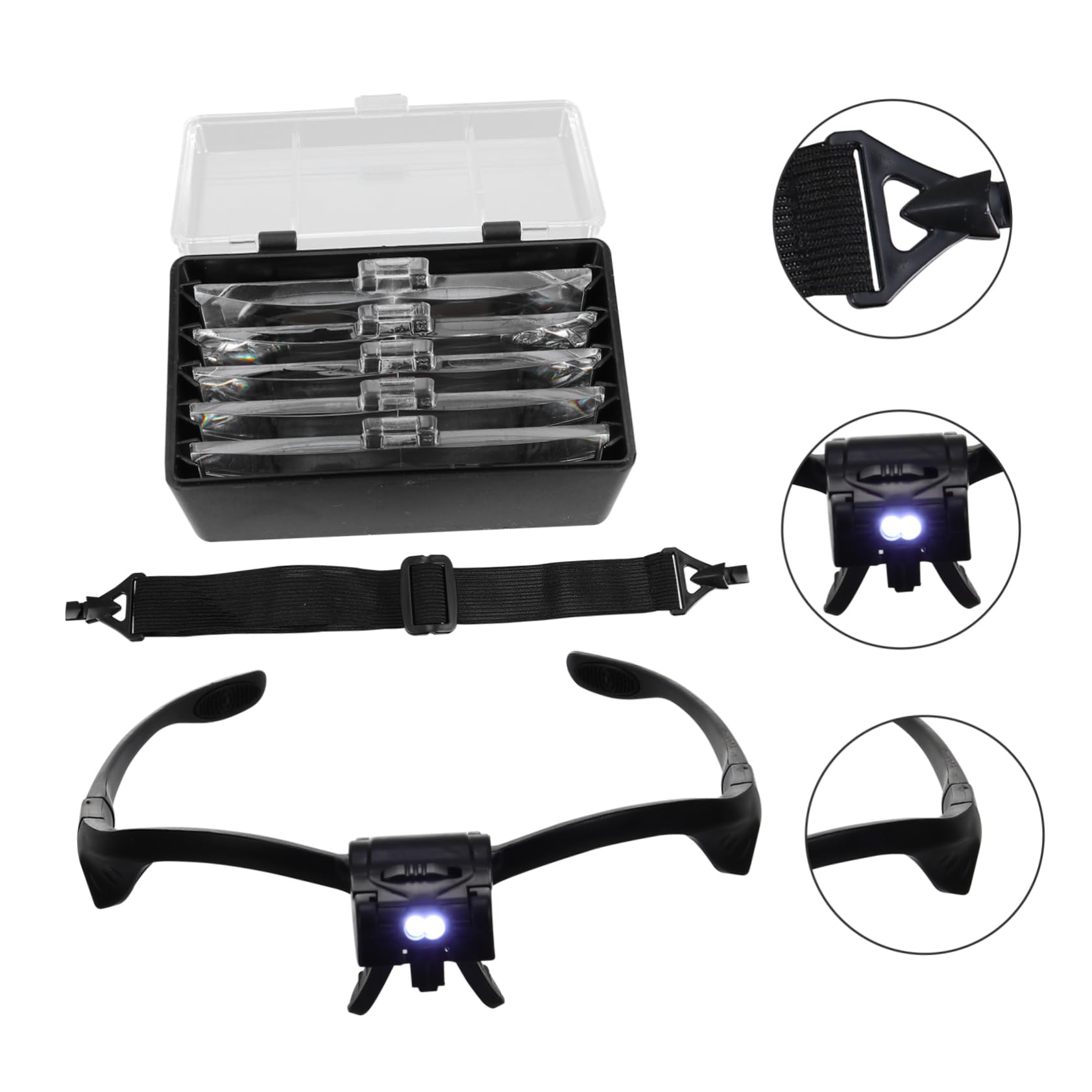 Baluue Zeckenlupe mit 5 Linsen Vergrößerungsbrille LED Licht Kopfhalterung Kunststoff Acryllinse Schwarz für Präzises Arbeiten