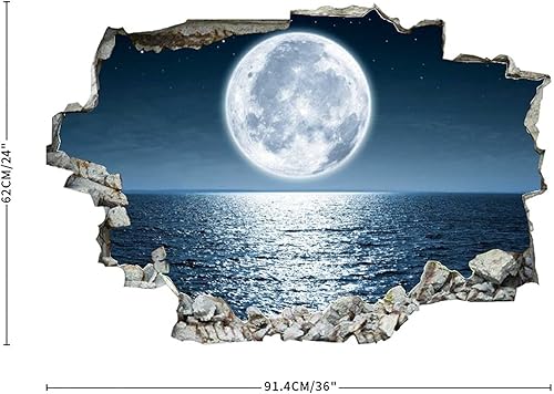 Miniatura 3 de Calcomanía de pared de cielo estrellado con luna y océano, mar, océano, cielo estrellado, paisaje 3D, calcomanía extraíble de PVC divertido, arte