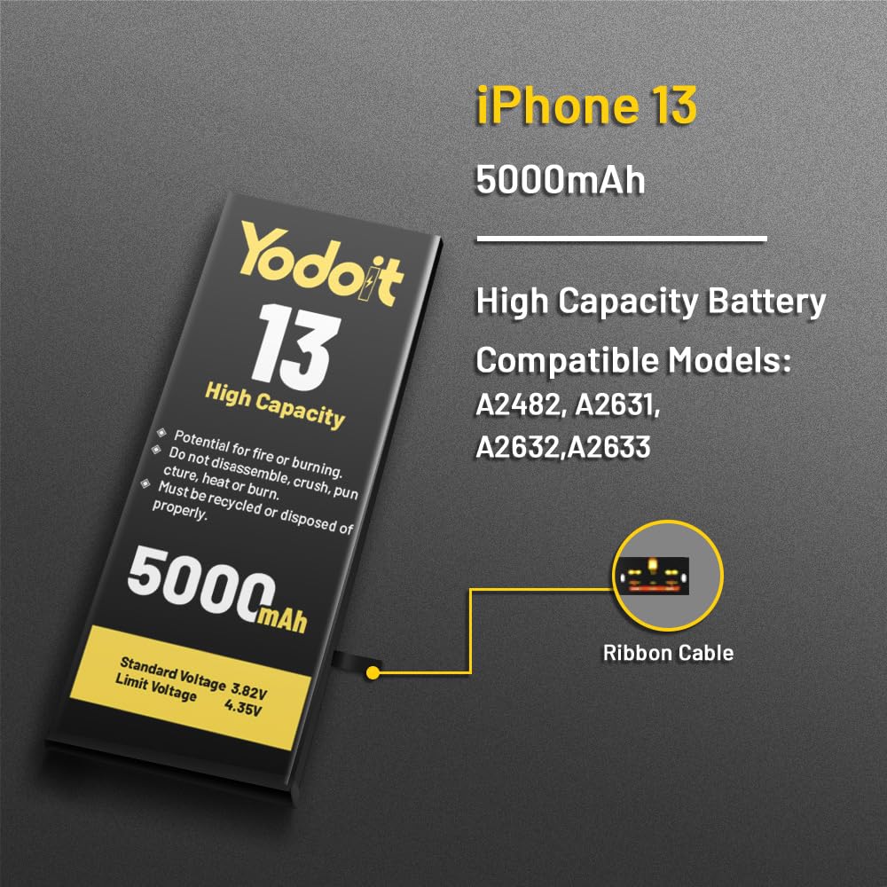 Yodoit Batteria da 5000 mAh per iPhone 13, batteria ad alta capacità 0 cicli per modelli A2482, A2631, A2634, A2635, A2633 con kit di riparazione