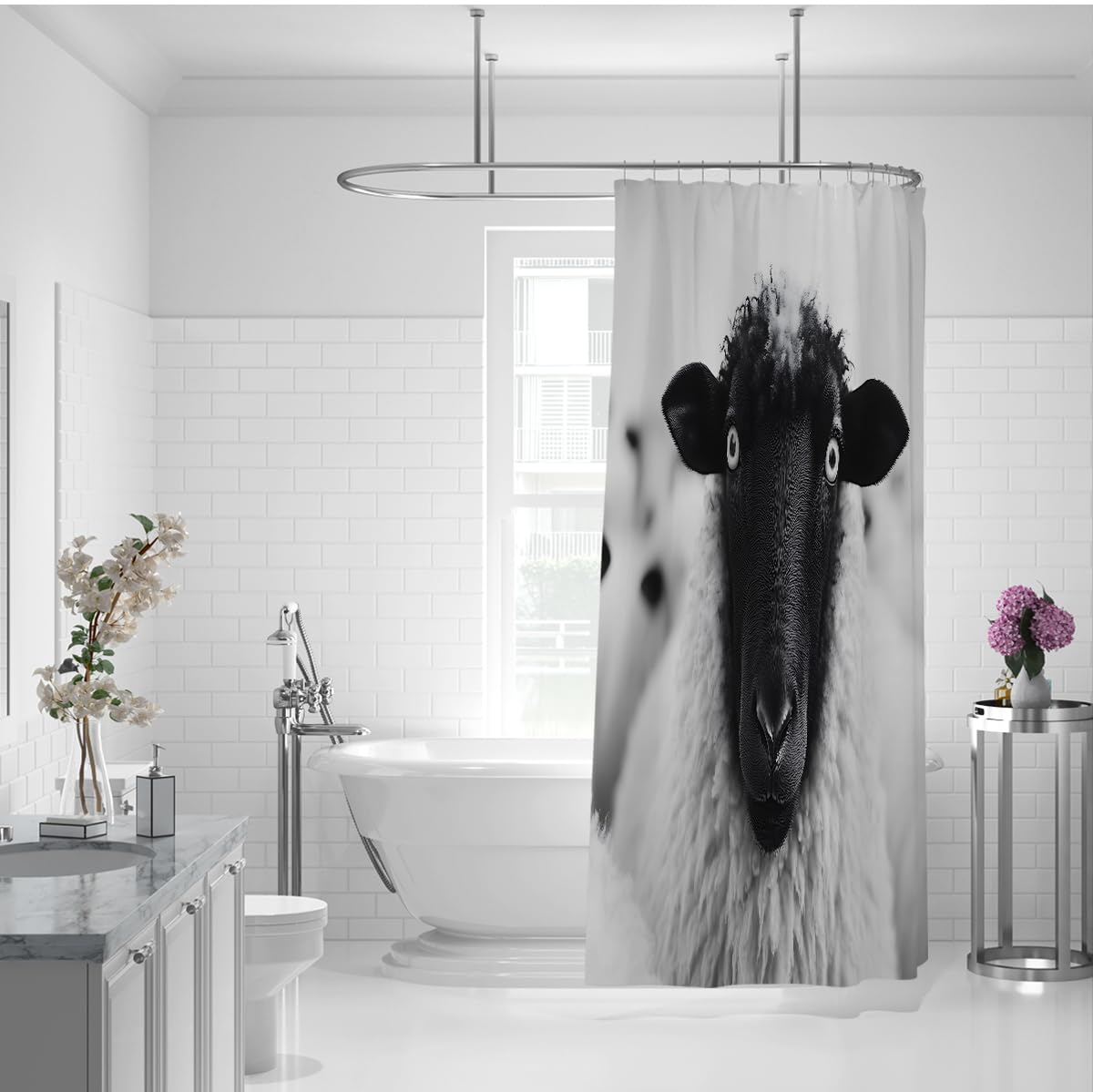 Schwarz-Weiß-Schaf-Duschvorhang Bauernhof-Tier-Badewannen-Vorhänge mit Haken rustikal Badezimmer-Duschvorhang Minimalistische Land-Wohneinrichtung W200xL200 cm
