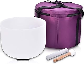 8 Inch E Note Singing Bowl Solar Plexus Chakra Crystal Singing Bowl with Carrying Case + Rubber Mallet + Suede Stick + O-r...