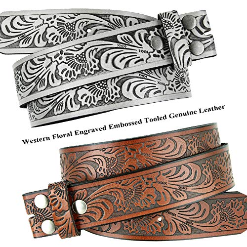 BS220 Western Floral Engraved Embossed Tooled Genuine Leather Belt Strap w/Snaps 1 1/2" Wide (Brown, 44)