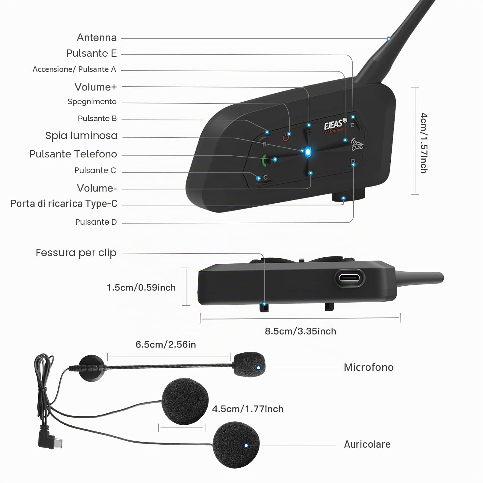 EJEAS V7 Interfono Moto Bluetooth Coppia Auricolare Bluetooth Per Casco fino a 7 Motociclisti, Sistema di Comunicazione Motocicli con Cancellazione del Rumore per Moto/ATV/Moto Da Cross