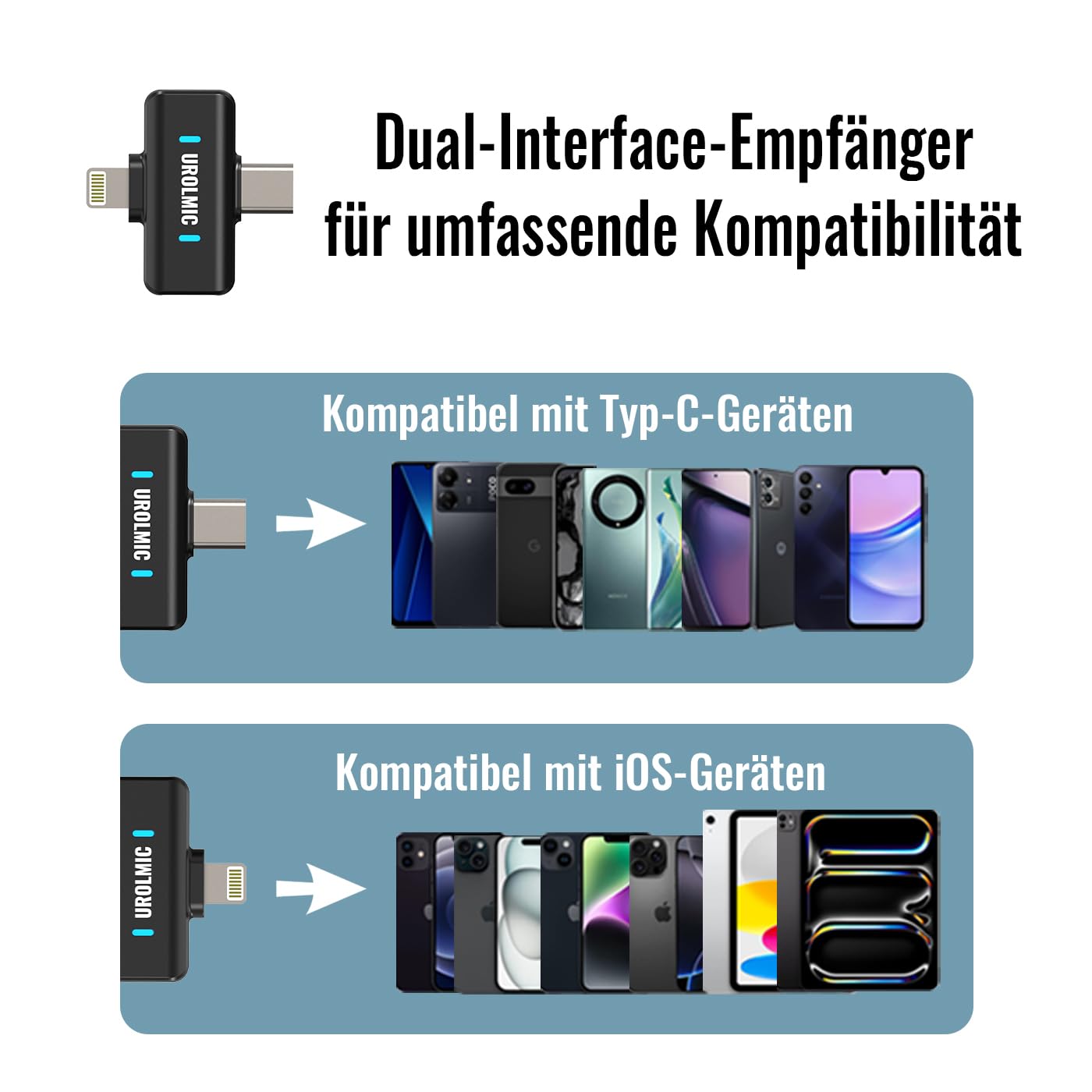 2-in-1 Lavalier-Mikrofon, 40 Std Akku, Profi-NR, Magnetbefestigung, 55m Reichweite, für IOS & Android, Recording, Streaming