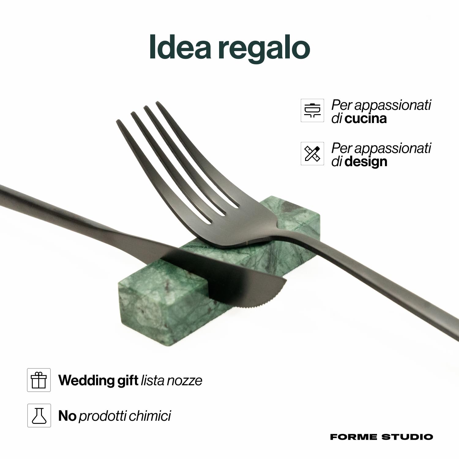 FORME STUDIO Poggia Posate in Marmo Verde Guatemala – Set 4 Pezzi Artigianali Made in Italy – Accessori tavola Eleganti con Taglio per Coltello – Design Minimal, Idea Regalo