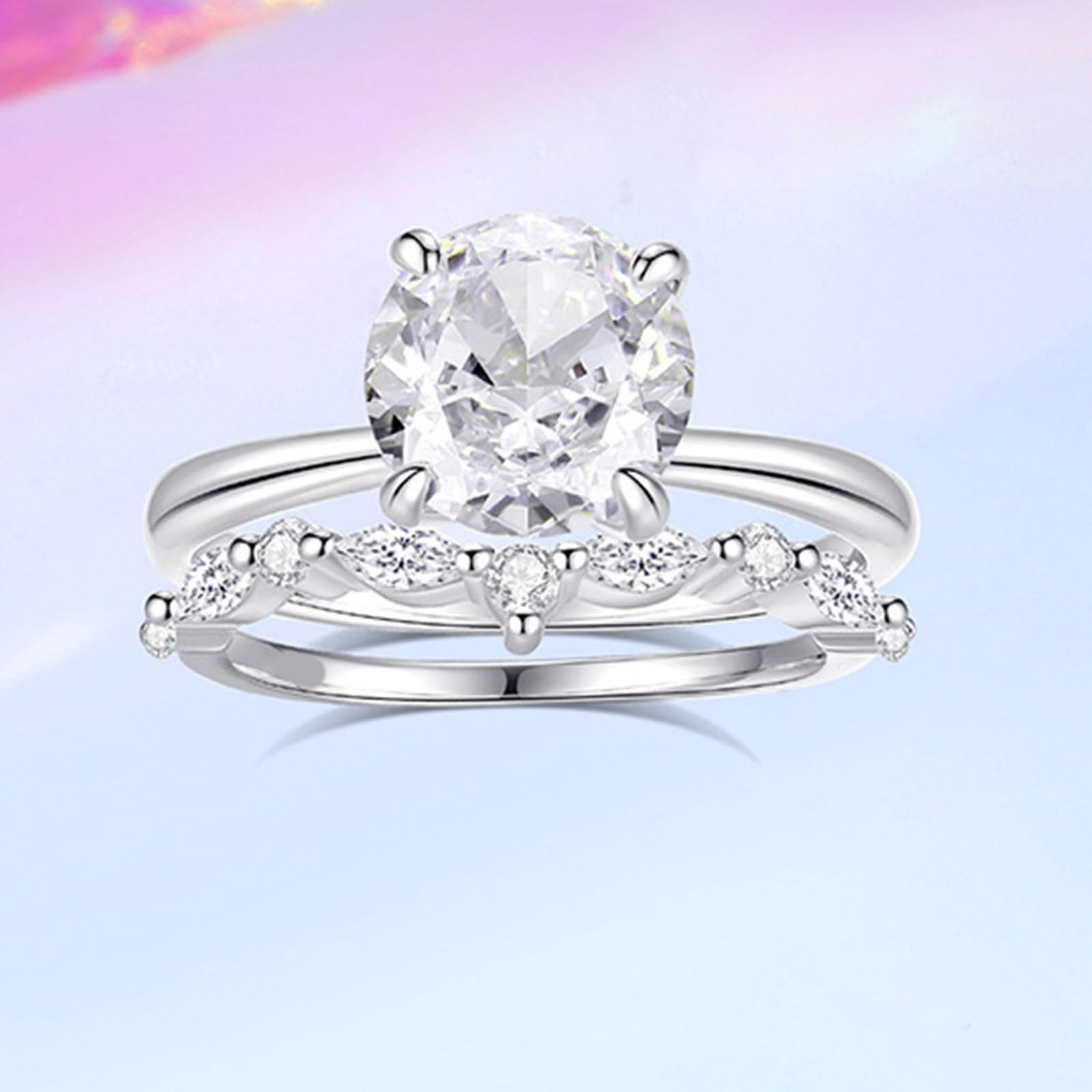 Set di fedi nuziali in oro bianco 18 carati per lei, classico anello impilabile in moissanite da 2 carati, personalizzabile