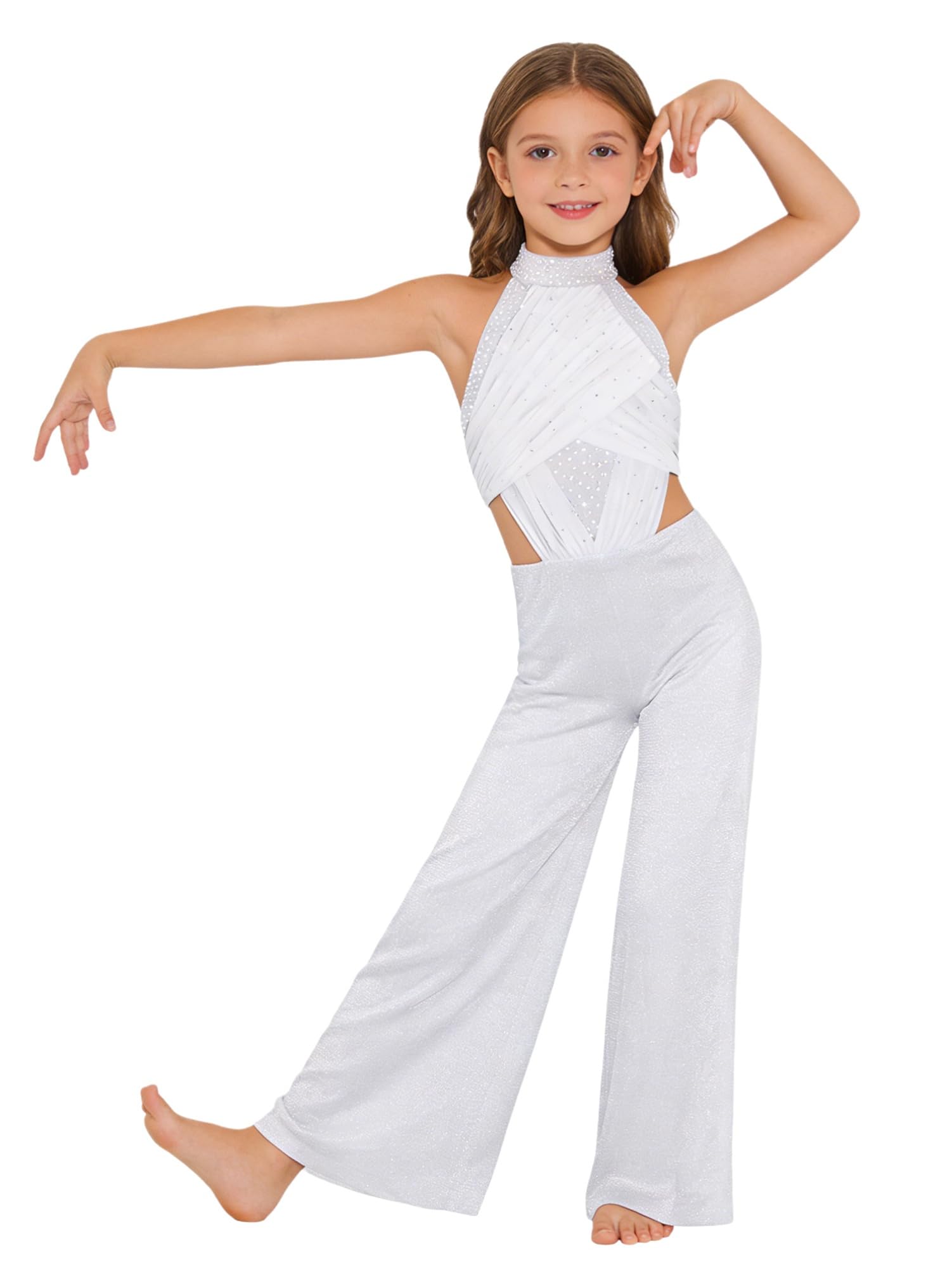 CHICTRY Tuta da Ballo Latino per Bambina Pantaloni a Gamba Larga a Vita Alta in Tulle Jumpsuit Elegante Body da Ginnastica Artistica Leotards Danza Classica
